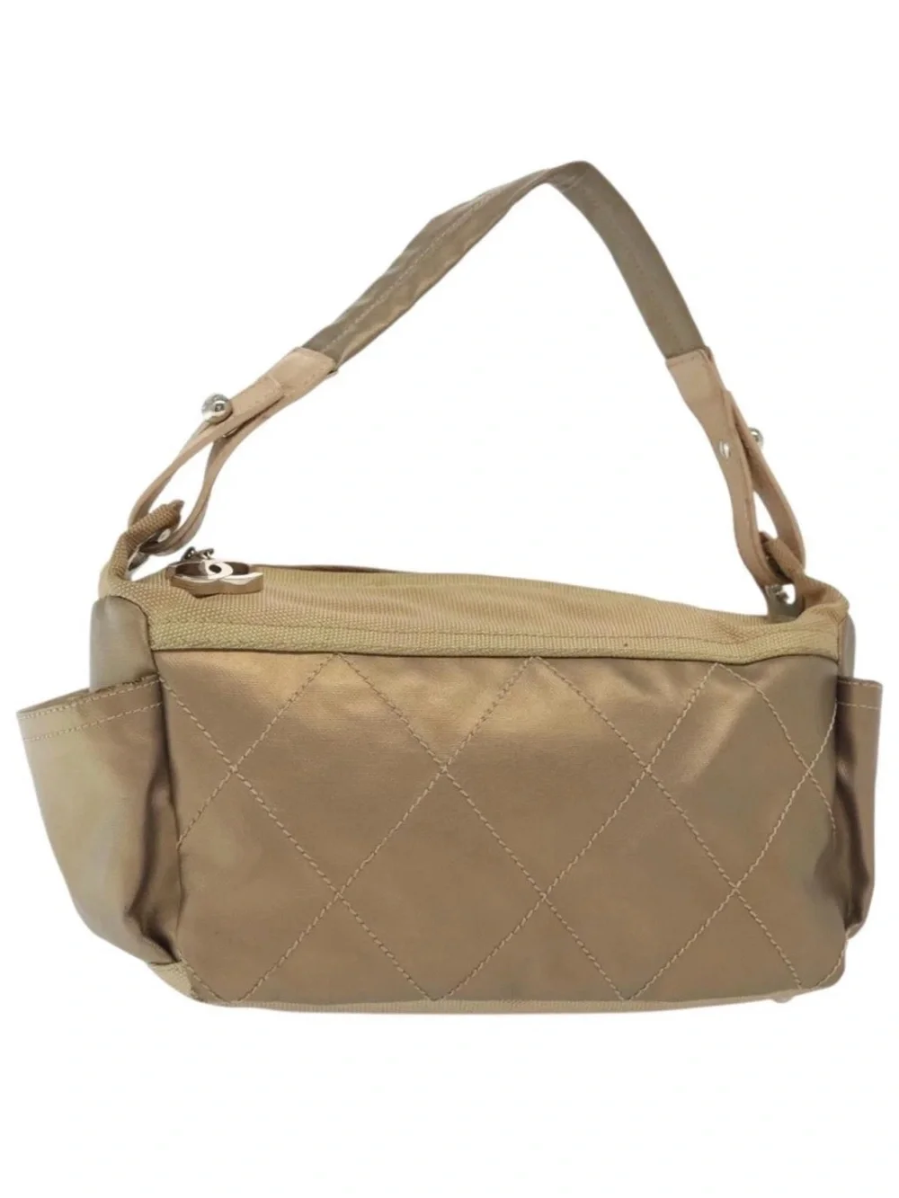 👜 CHANEL Beige Champagne Coated Canvas Metallic Silver shoulder Bag Quilted Auth